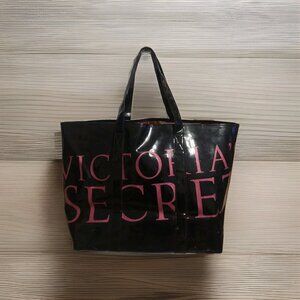 Victorias Secret Black Pink Vinyl Tote Beach Shopper Bag Large *flaws*